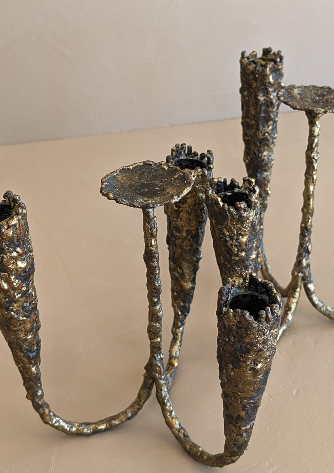 Pair of Vintage Paul Evans-Style Brutalist Brass Candelabras