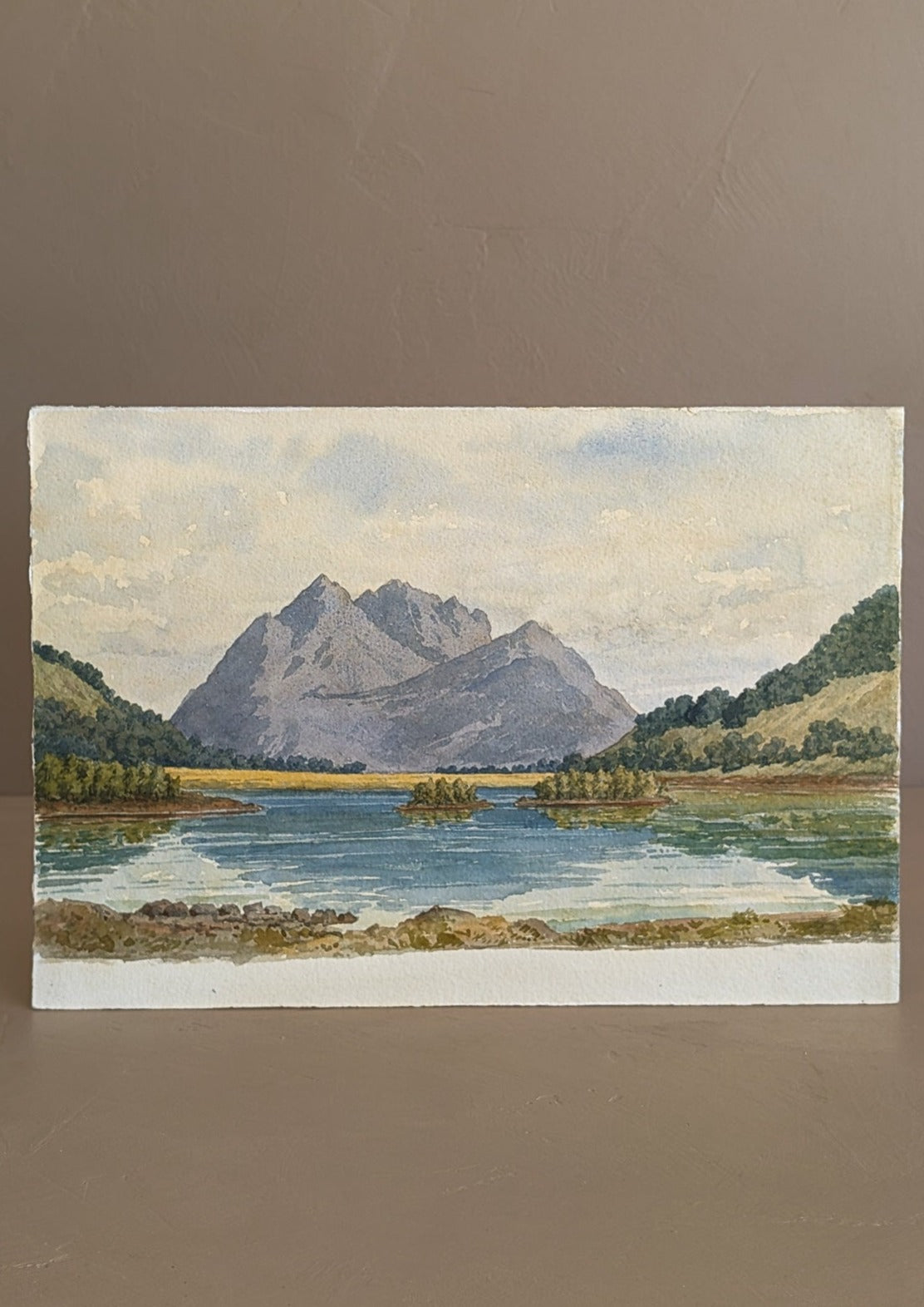 Antique Early 1900s European Watercolor Landscape Painting of Scottish Loch Leven on Paper