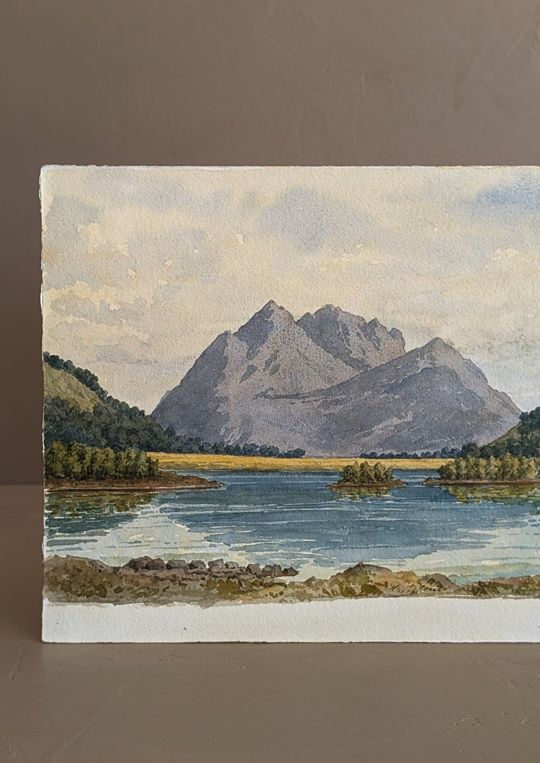 Antique Early 1900s European Watercolor Landscape Painting of Scottish Loch Leven on Paper