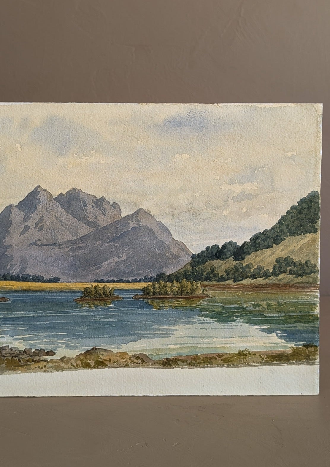 Antique Early 1900s European Watercolor Landscape Painting of Scottish Loch Leven on Paper