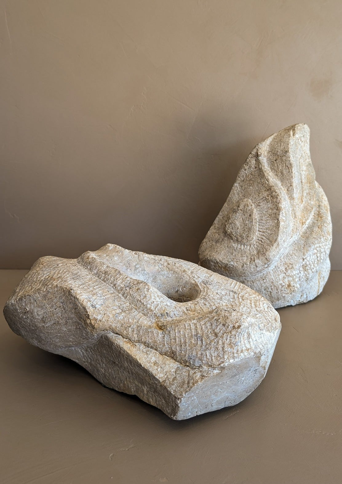 Pair of Heavy Hand-carved Abstract Biomorphic Stone Sculptures