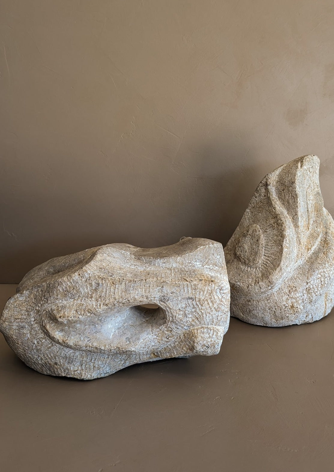 Pair of Heavy Hand-carved Abstract Biomorphic Stone Sculptures