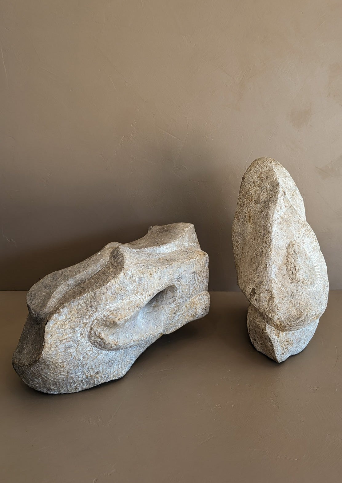 Pair of Heavy Hand-carved Abstract Biomorphic Stone Sculptures