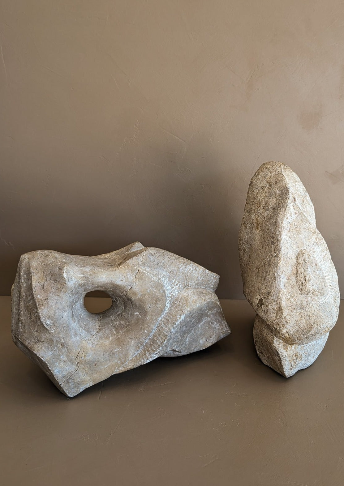 Pair of Heavy Hand-carved Abstract Biomorphic Stone Sculptures