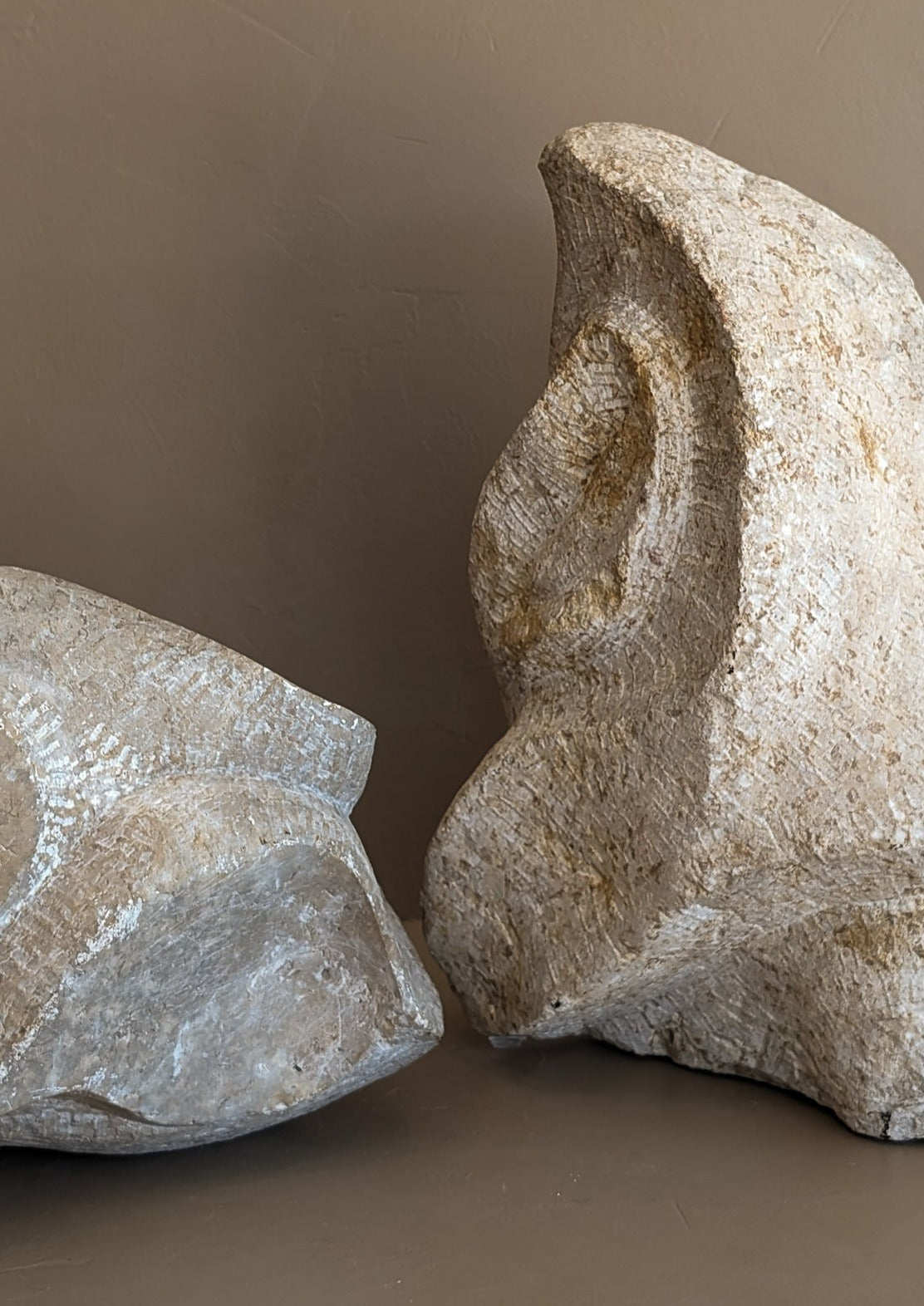 Pair of Heavy Hand-carved Abstract Biomorphic Stone Sculptures