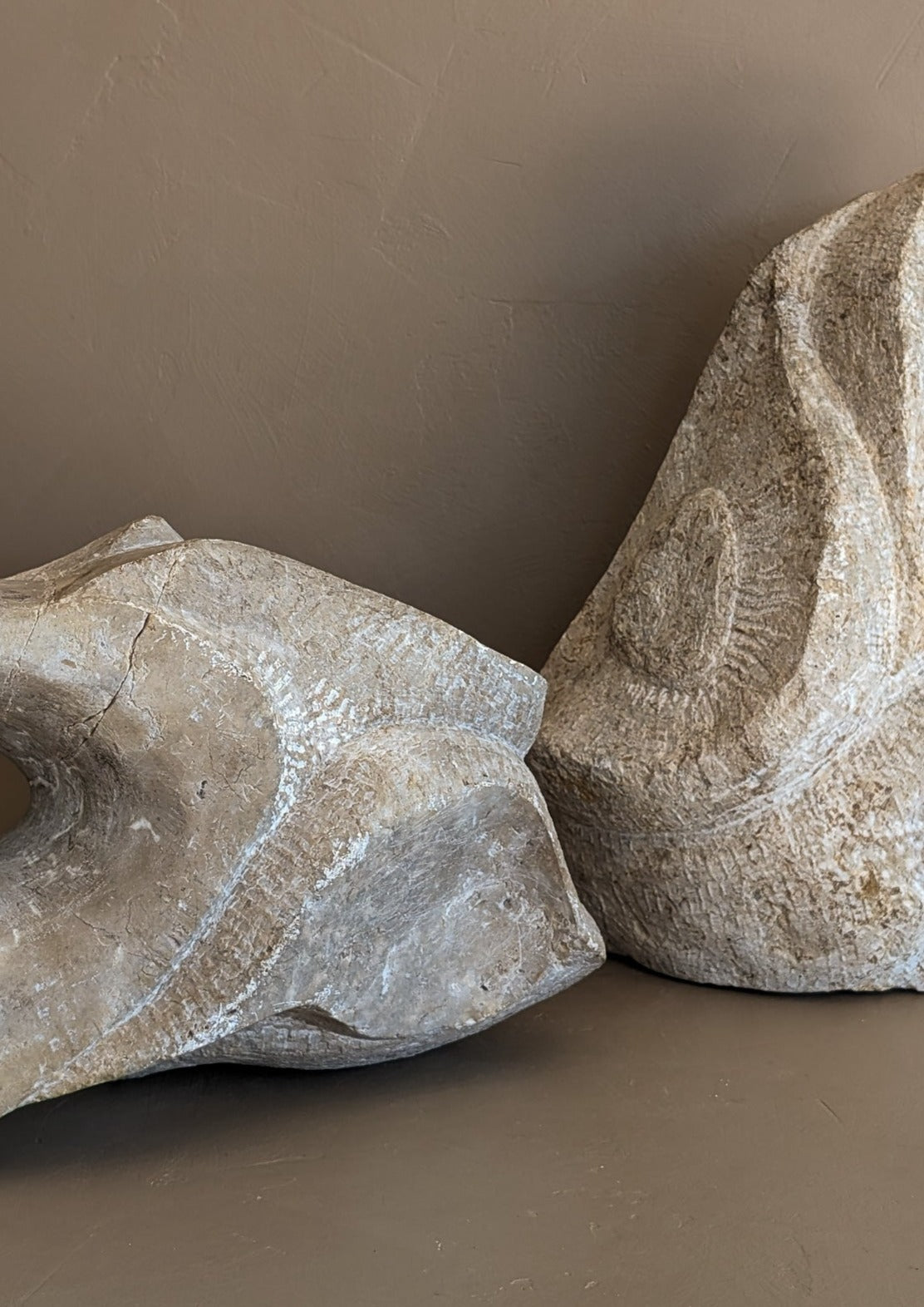 Pair of Heavy Hand-carved Abstract Biomorphic Stone Sculptures