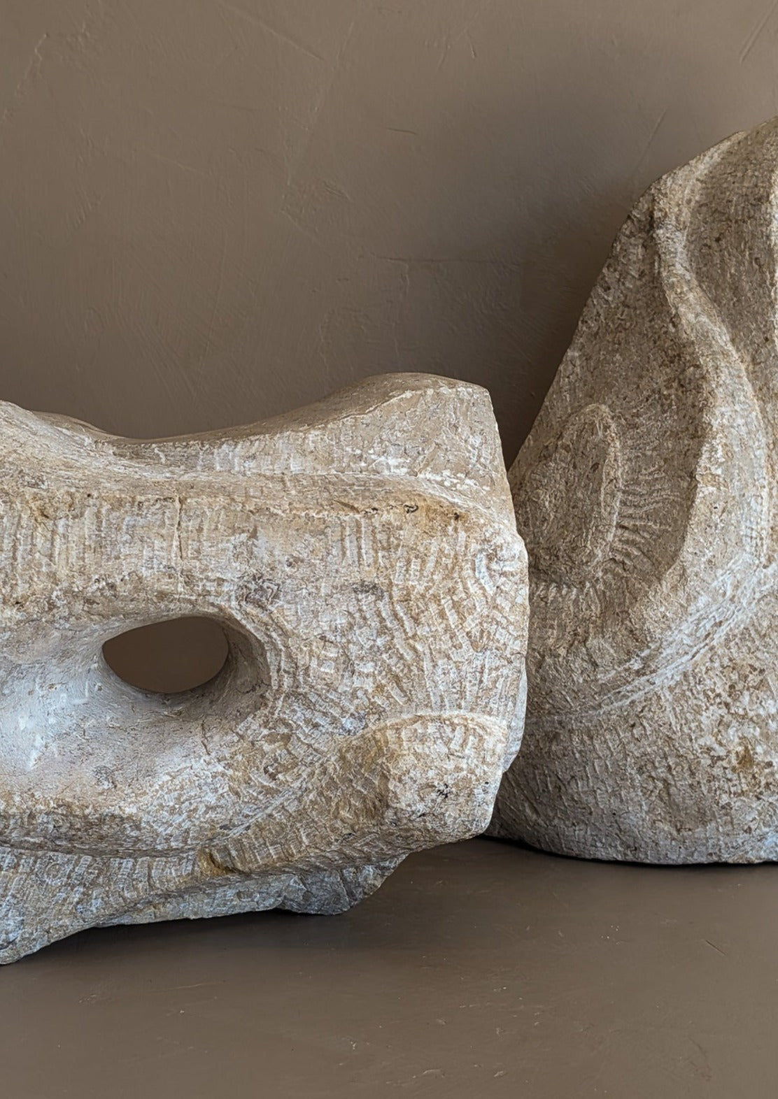 Pair of Heavy Hand-carved Abstract Biomorphic Stone Sculptures