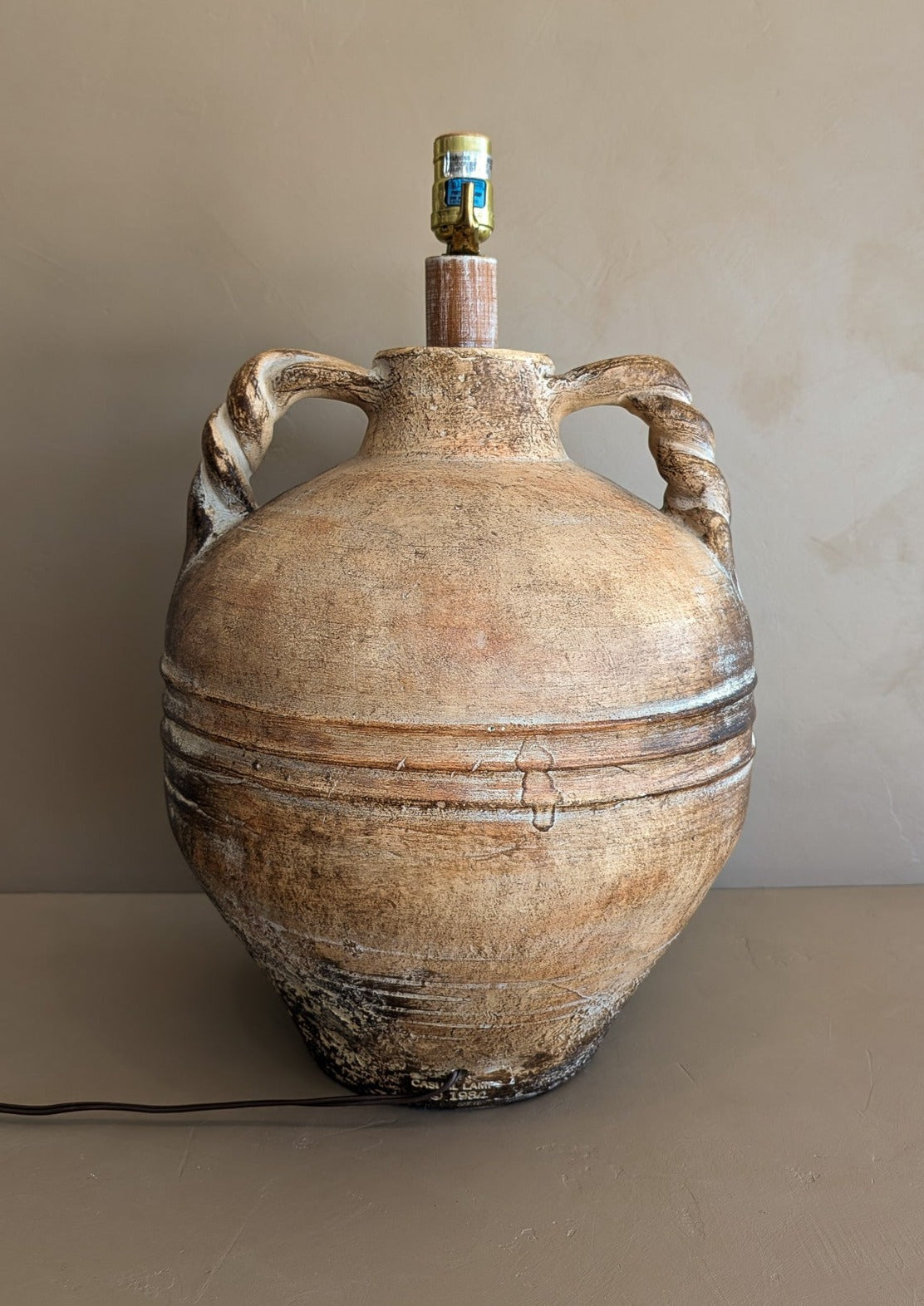 Large Vintage Neutral Textured Amphora-Style Plaster Lamp