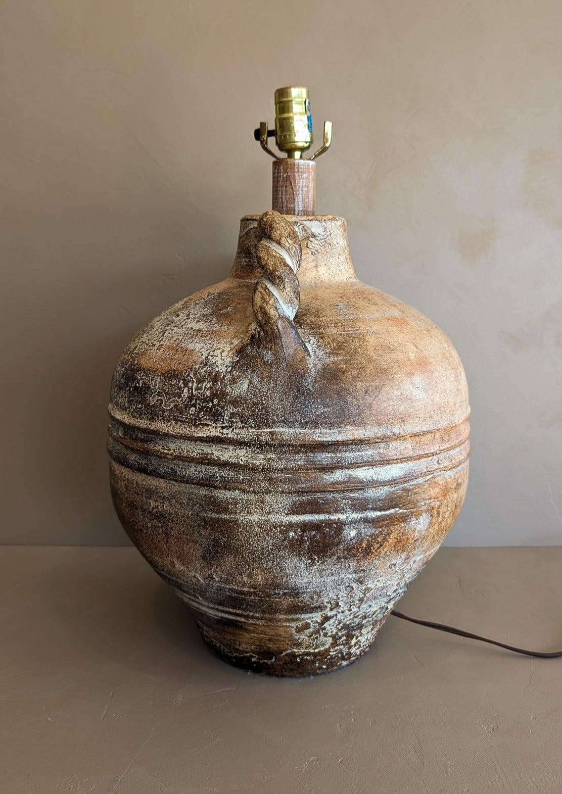 Large Vintage Neutral Textured Amphora-Style Plaster Lamp