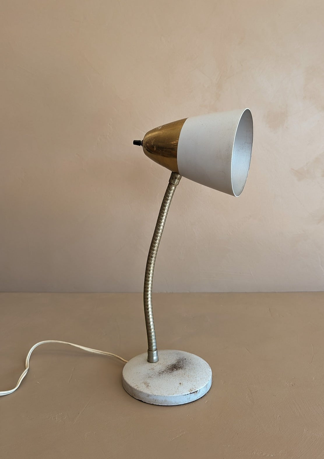 White and Gold Midcentury Gooseneck Desk Lamp