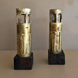 Pair of Large Vintage Hand-crafted Brutalist Brass Torch Cut Candleholders