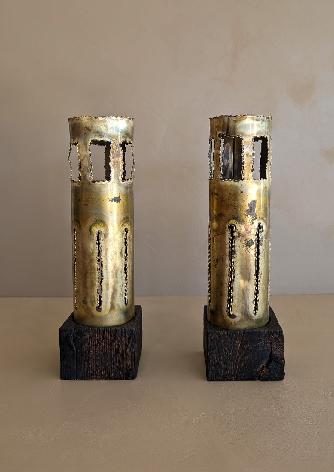 Pair of Large Vintage Hand-crafted Brutalist Brass Torch Cut Candleholders