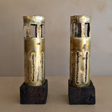 Pair of Large Vintage Hand-crafted Brutalist Brass Torch Cut Candleholders