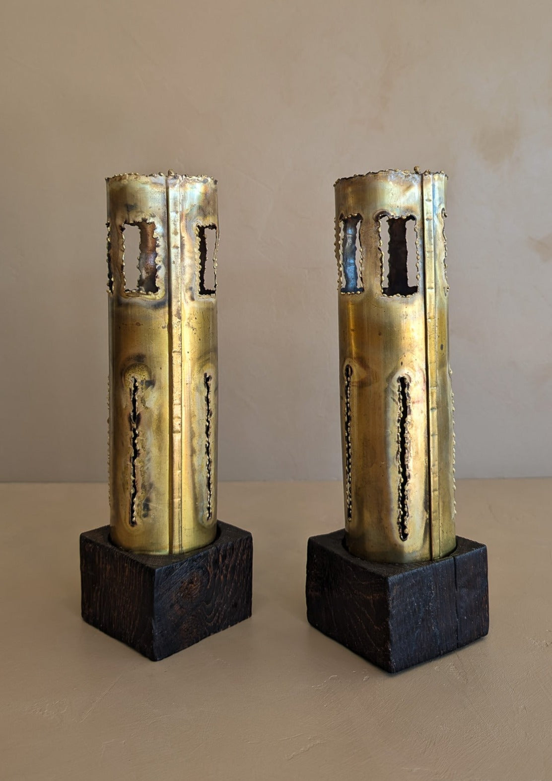 Pair of Large Vintage Hand-crafted Brutalist Brass Torch Cut Candleholders