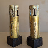 Pair of Large Vintage Hand-crafted Brutalist Brass Torch Cut Candleholders