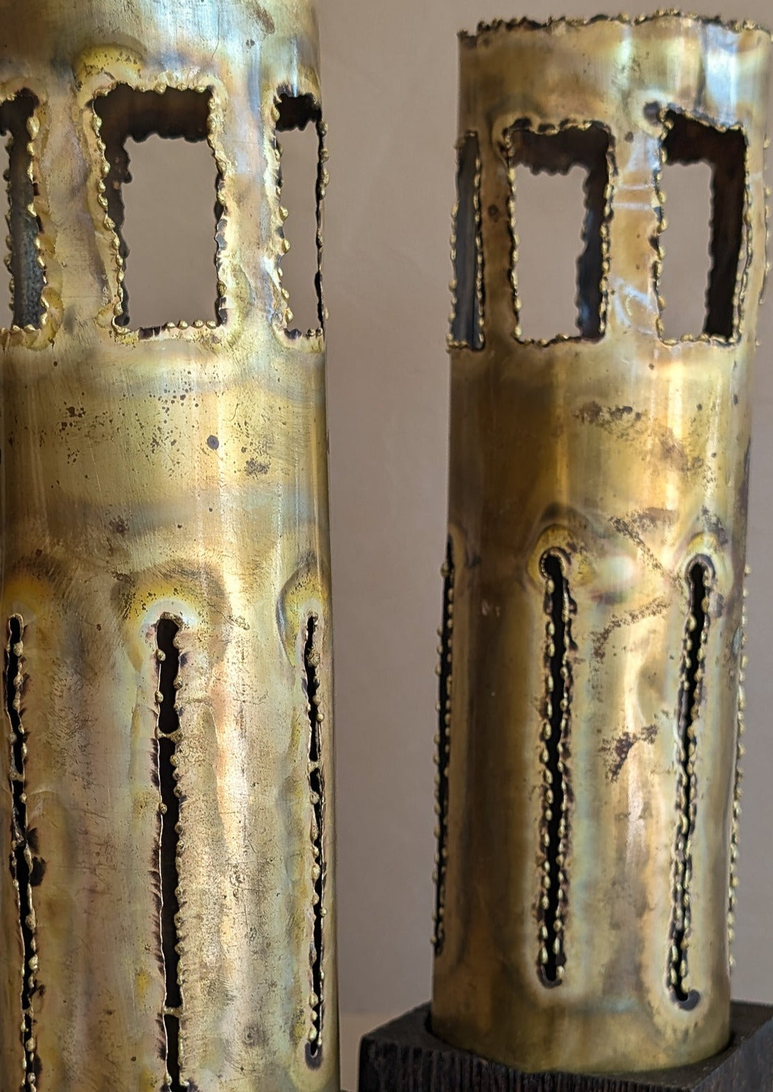 Pair of Large Vintage Hand-crafted Brutalist Brass Torch Cut Candleholders