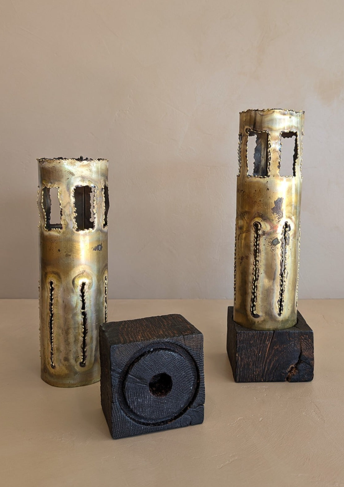 Pair of Large Vintage Hand-crafted Brutalist Brass Torch Cut Candleholders