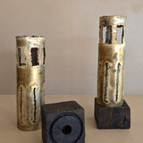 Pair of Large Vintage Hand-crafted Brutalist Brass Torch Cut Candleholders