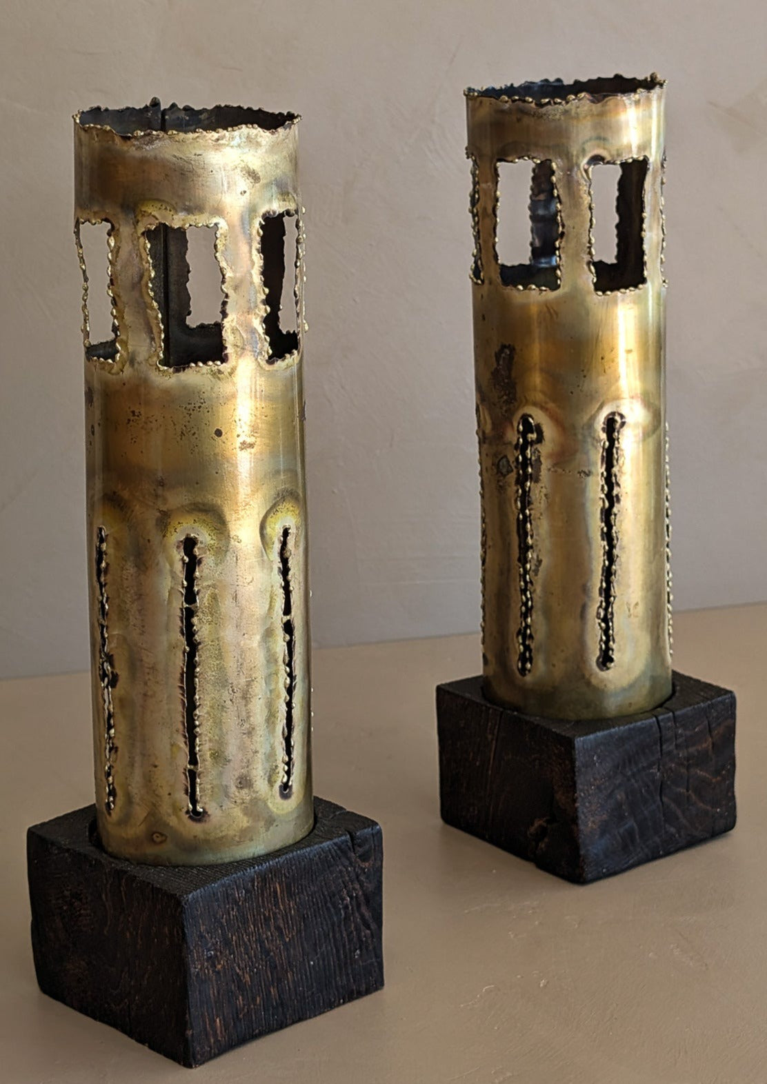 Pair of Large Vintage Hand-crafted Brutalist Brass Torch Cut Candleholders