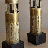 Pair of Large Vintage Hand-crafted Brutalist Brass Torch Cut Candleholders