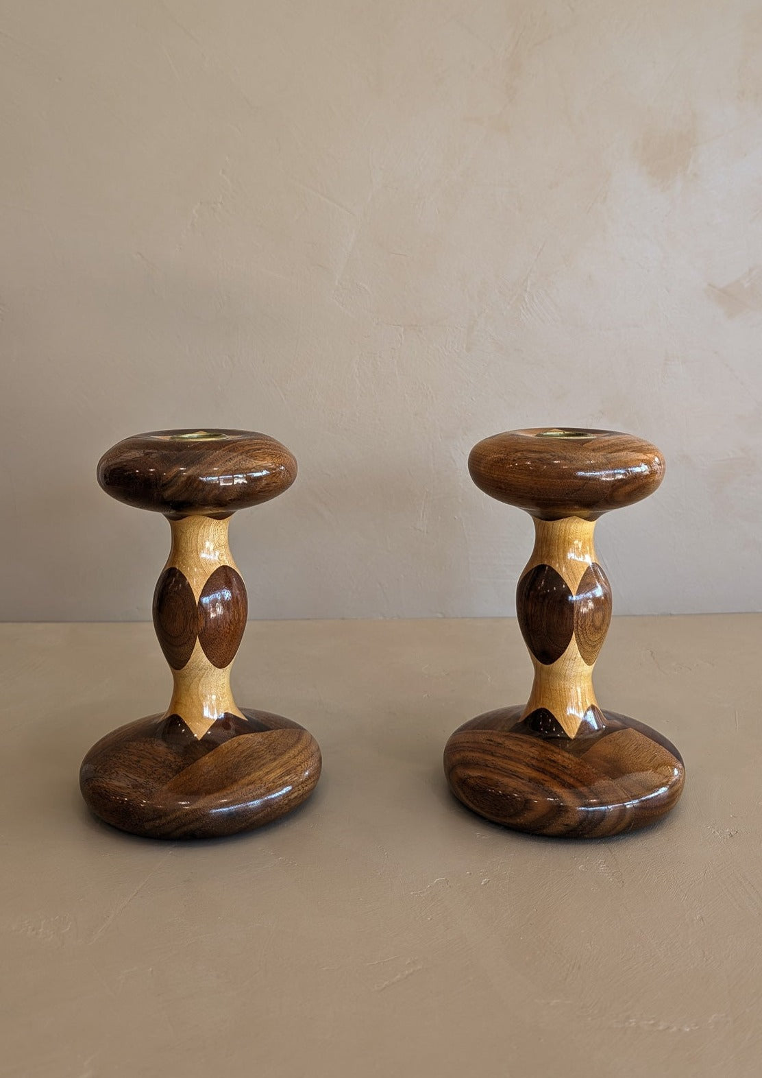 Pair of Vintage Hand-turned Marquetry Candlesticks