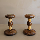 Pair of Vintage Hand-turned Marquetry Candlesticks