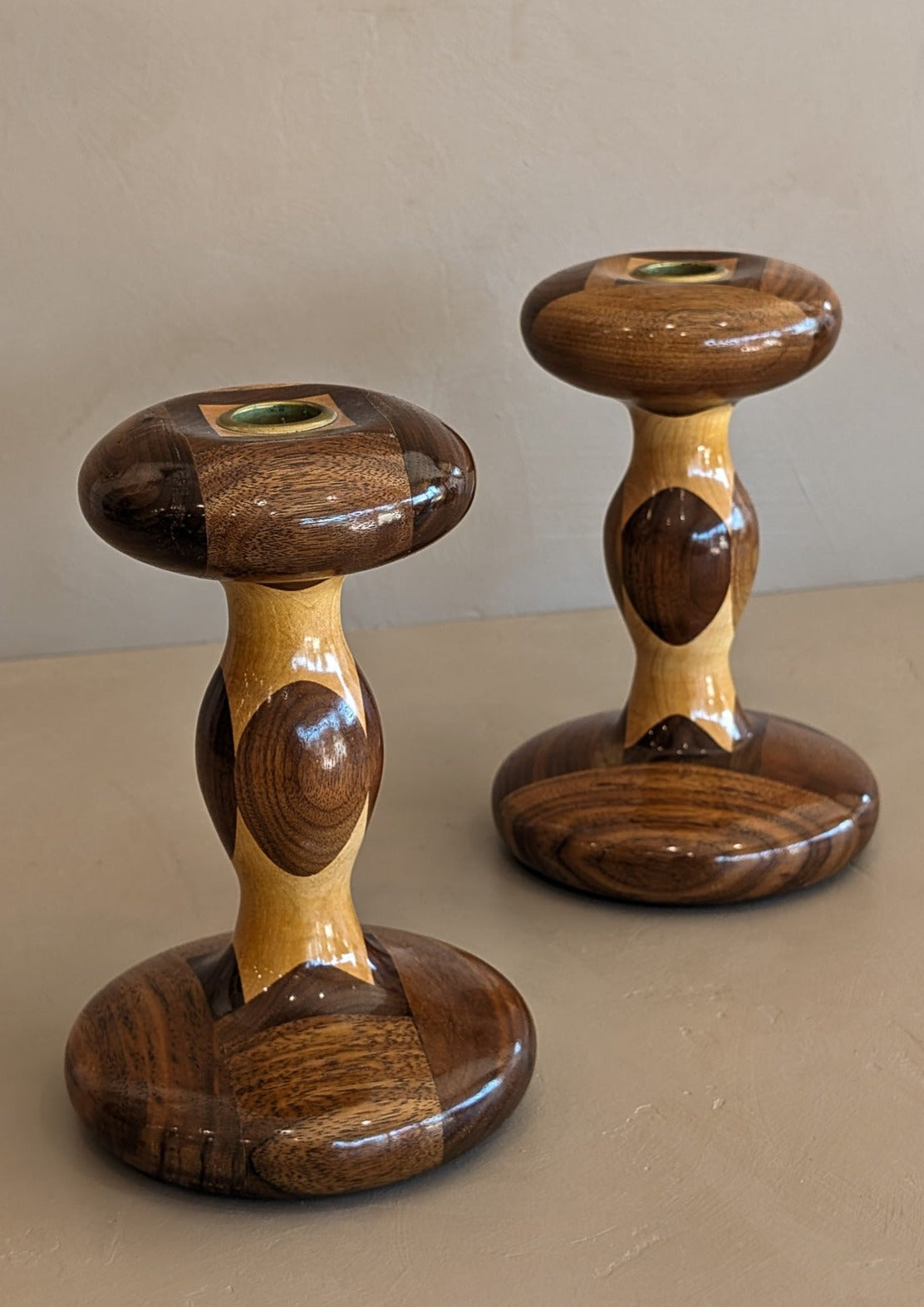 Pair of Vintage Hand-turned Marquetry Candlesticks