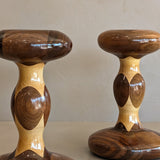 Pair of Vintage Hand-turned Marquetry Candlesticks