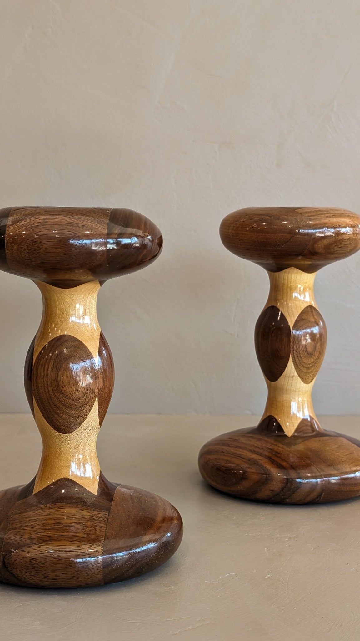 Pair of Vintage Hand-turned Marquetry Candlesticks