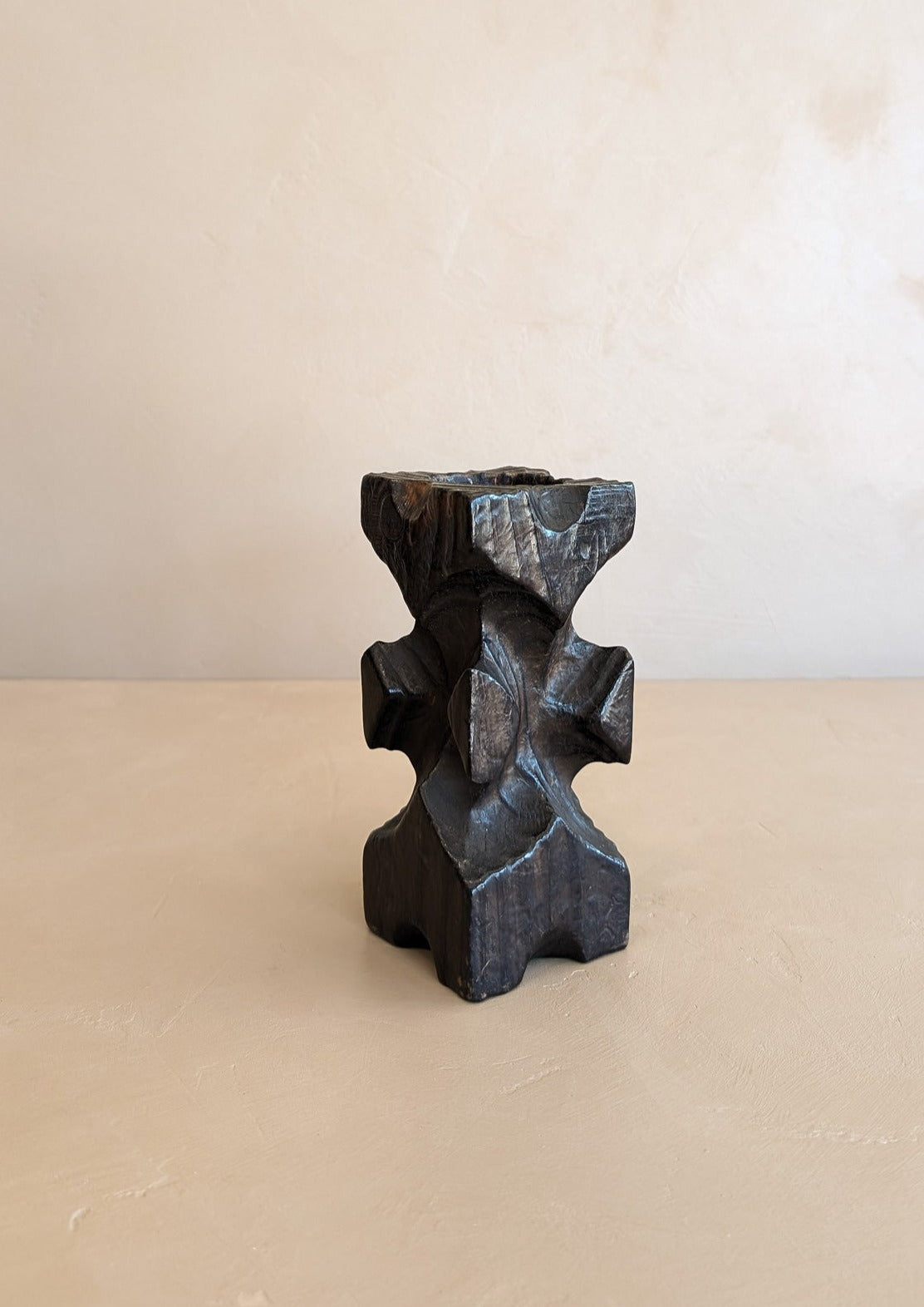 Vintage Hand-carved Wooden Brutalist Candleholder