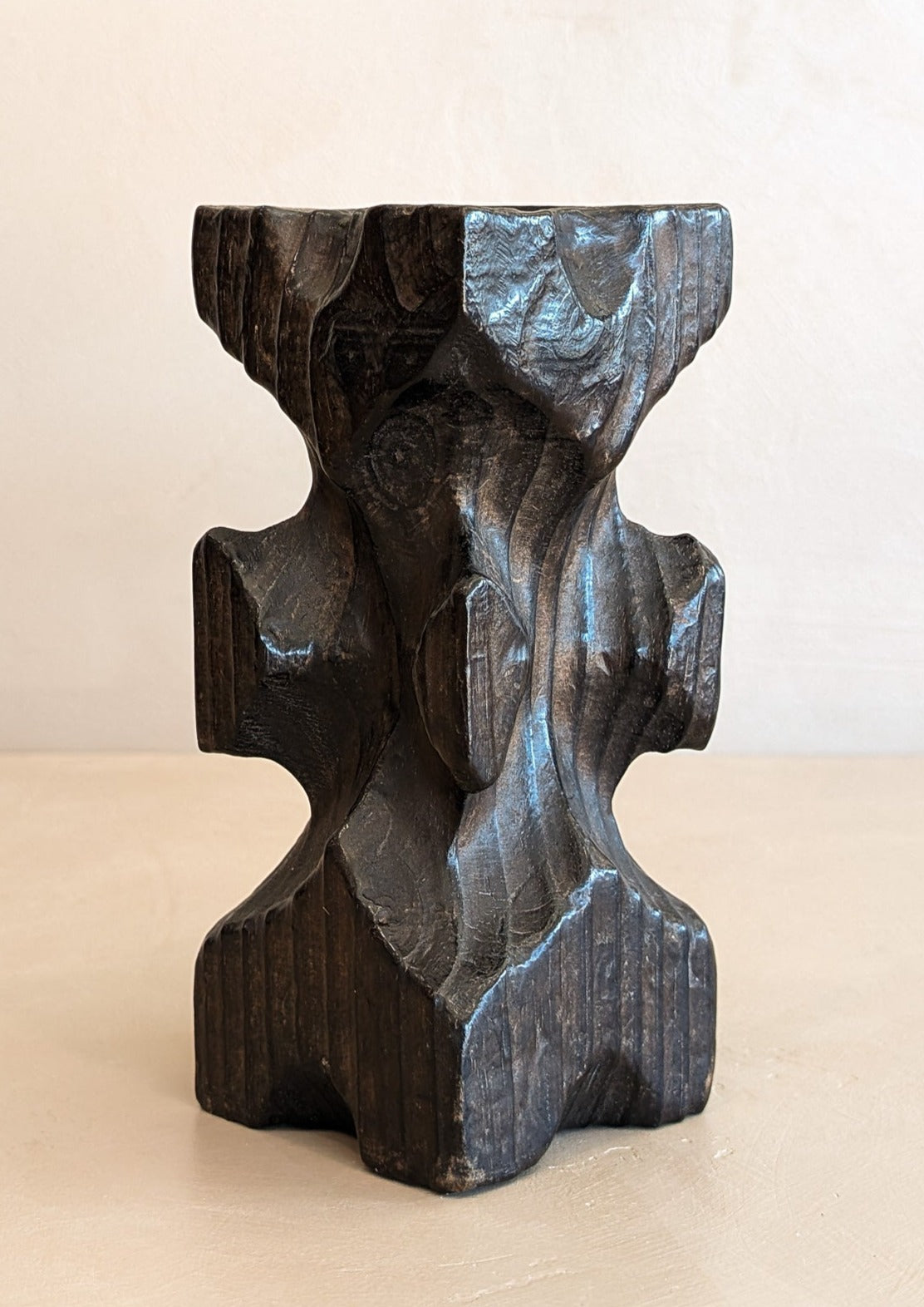 Vintage Hand-carved Wooden Brutalist Candleholder