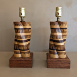 Pair of Unique Vintage Handcrafted Marquetry Helix Lamps