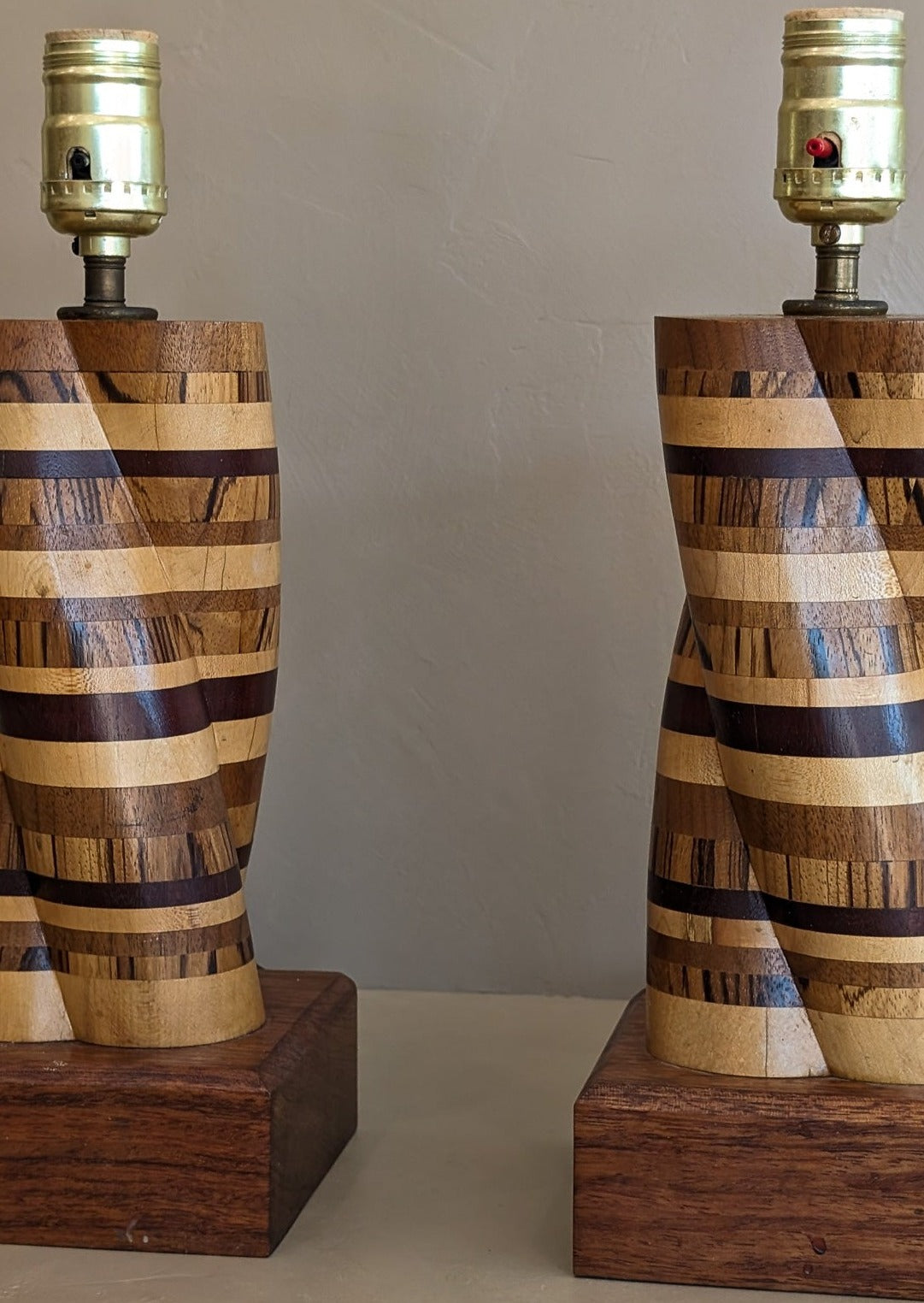 Pair of Unique Vintage Handcrafted Marquetry Helix Lamps