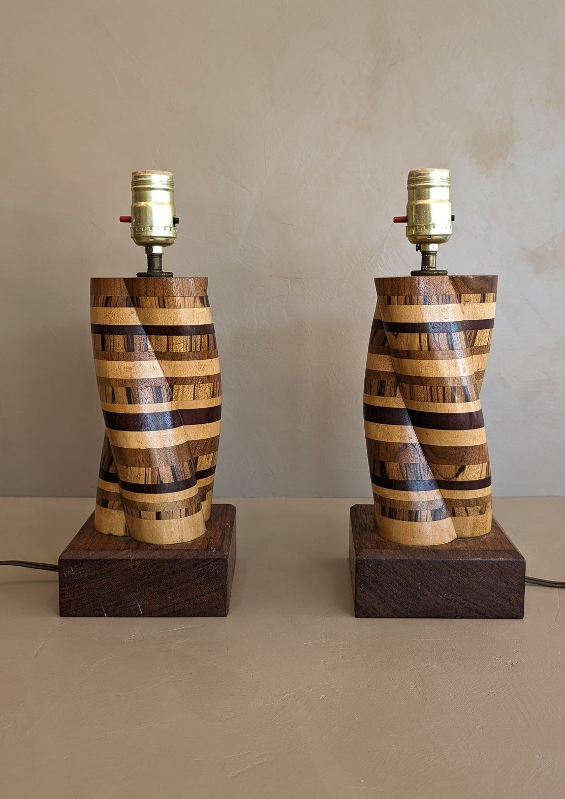 Pair of Unique Vintage Handcrafted Marquetry Helix Lamps