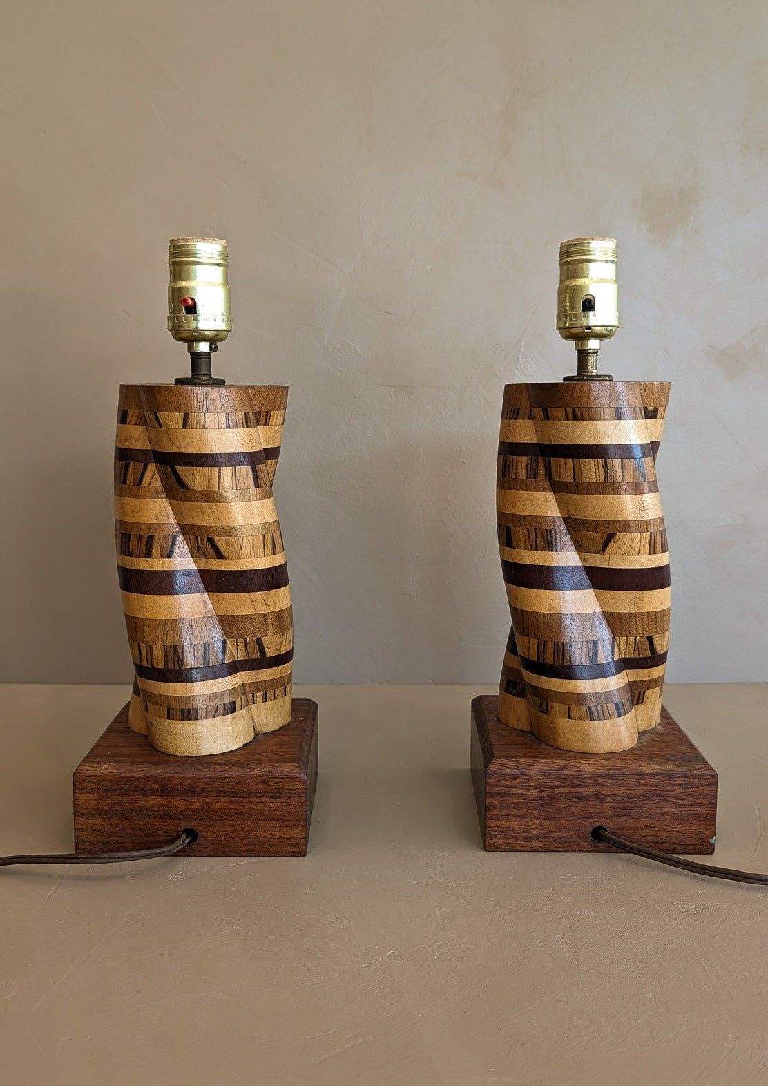 Pair of Unique Vintage Handcrafted Marquetry Helix Lamps