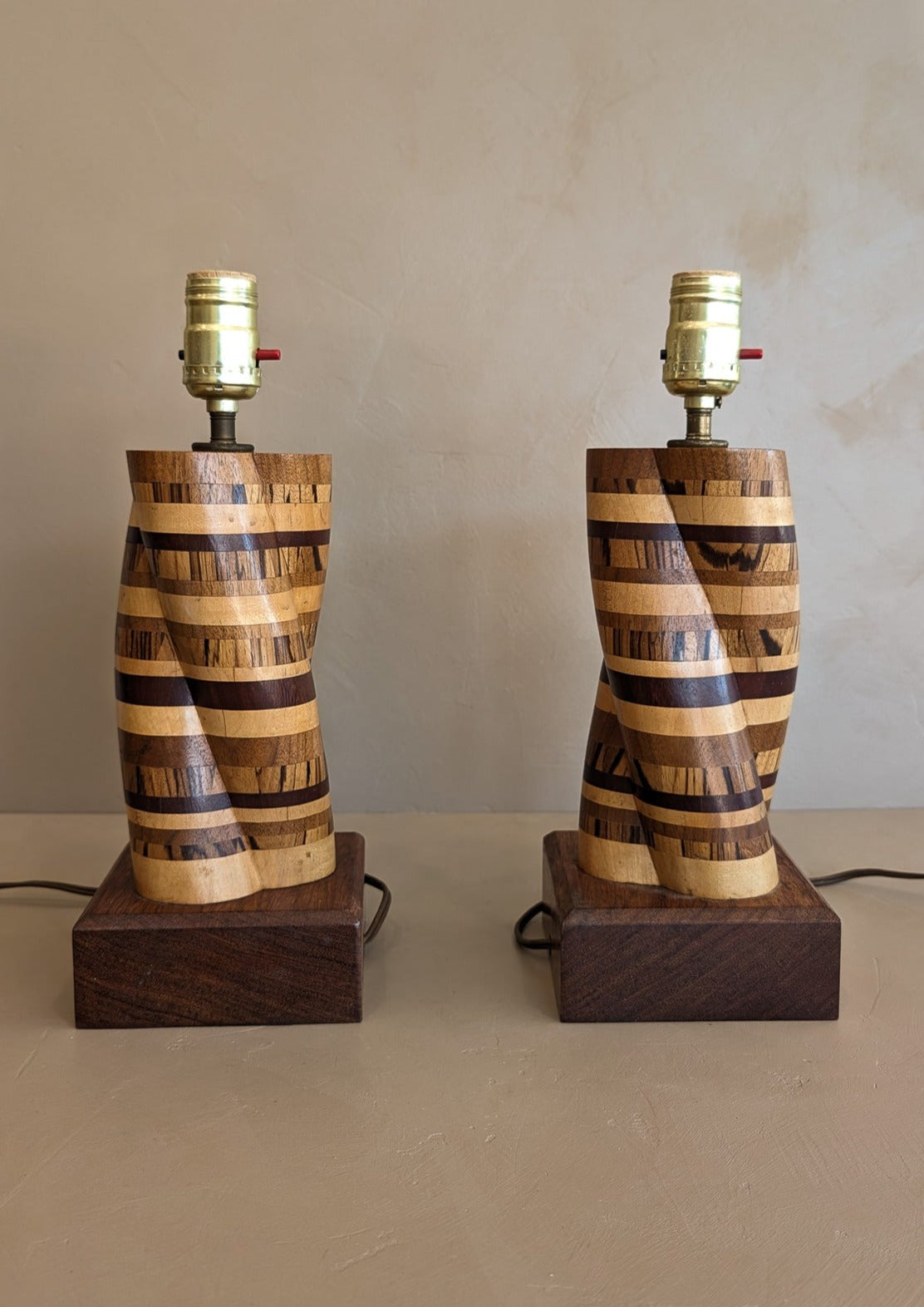 Pair of Unique Vintage Handcrafted Marquetry Helix Lamps