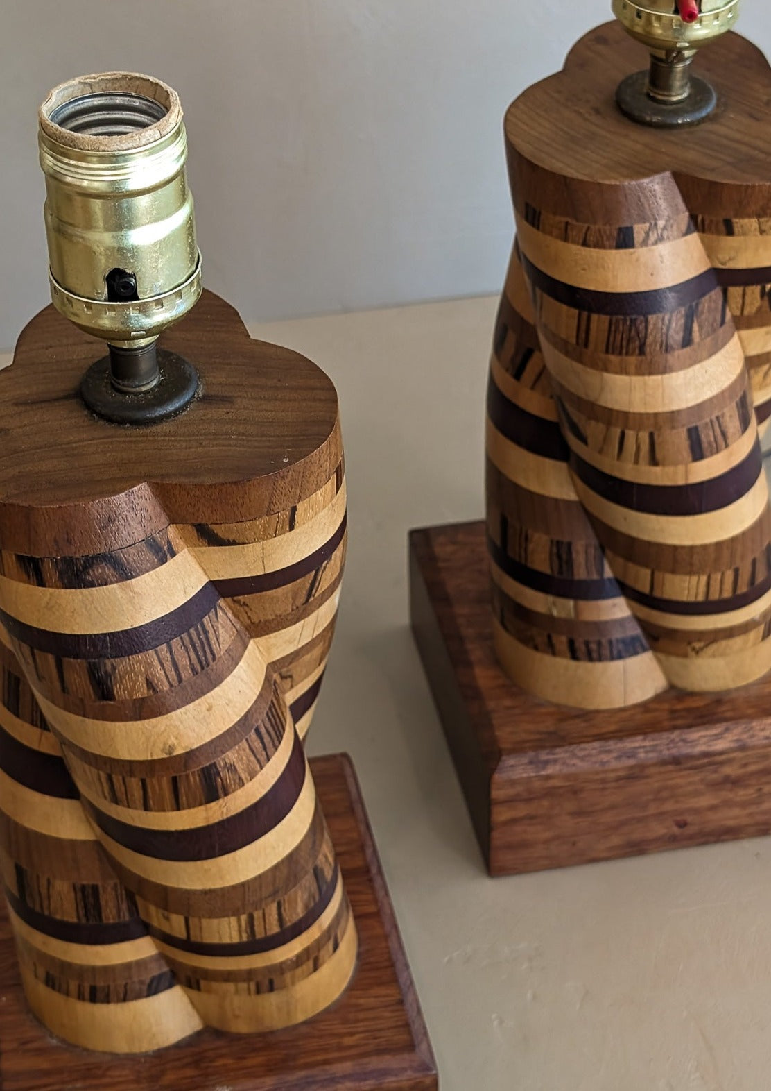 Pair of Unique Vintage Handcrafted Marquetry Helix Lamps