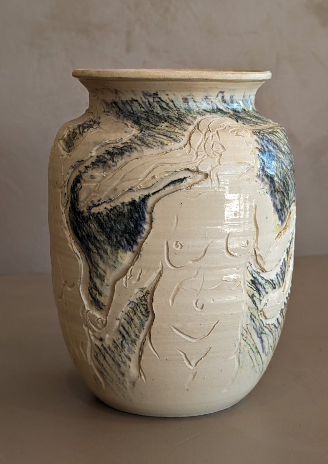 Vintage Signed Donald Veilleux Etched Dancing Nudes Vase