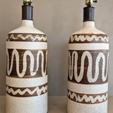 Pair of Vintage Brown and Cream Squiggle Ceramic Lamps