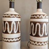 Pair of Vintage Brown and Cream Squiggle Ceramic Lamps