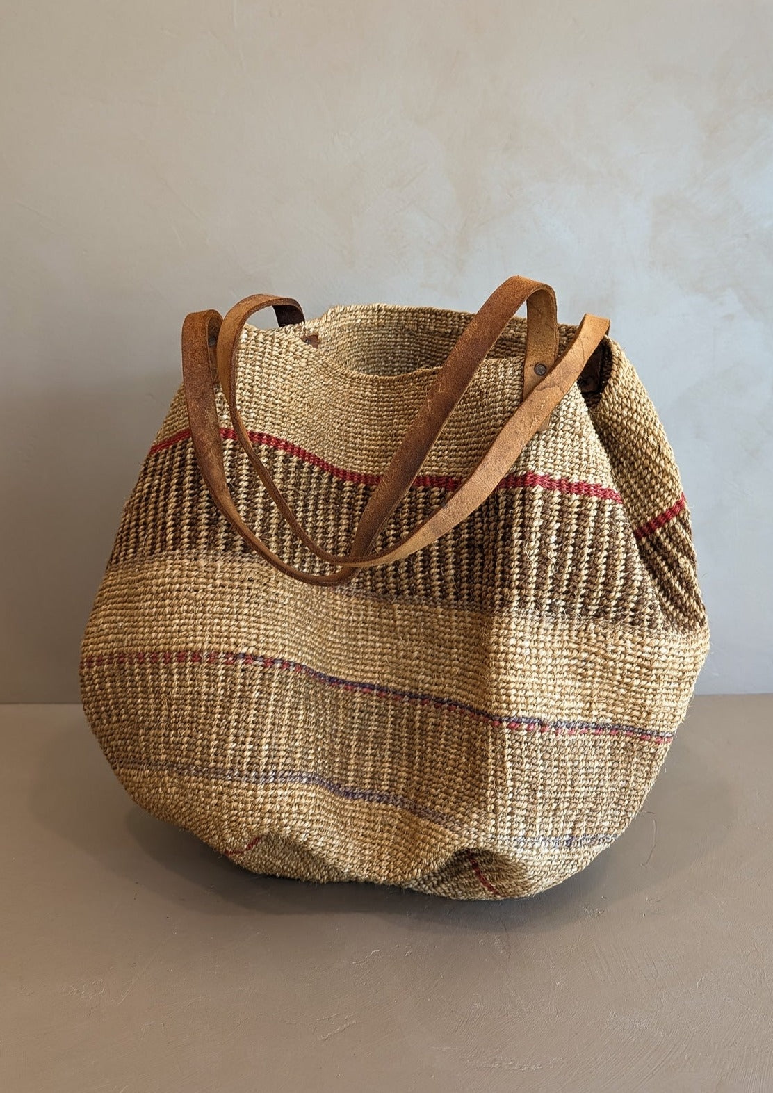 Large Vintage Woven Market Bag with Leather Straps