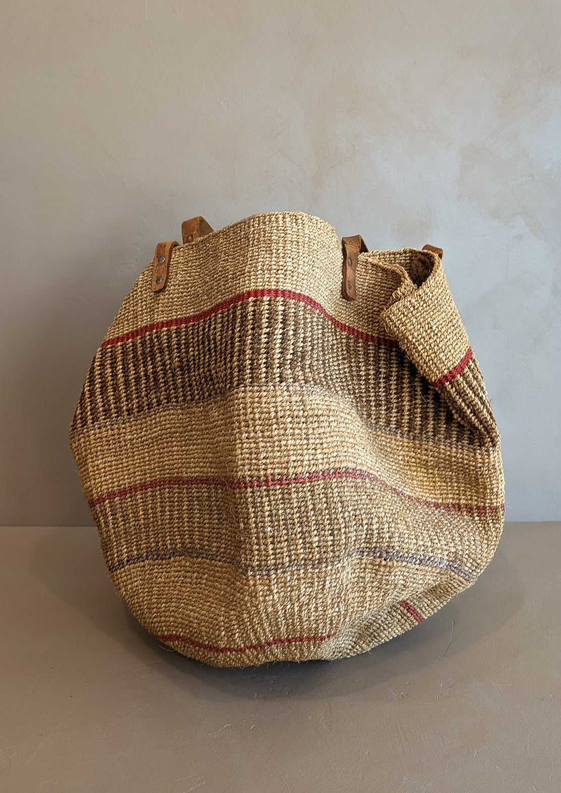 Large Vintage Woven Market Bag with Leather Straps