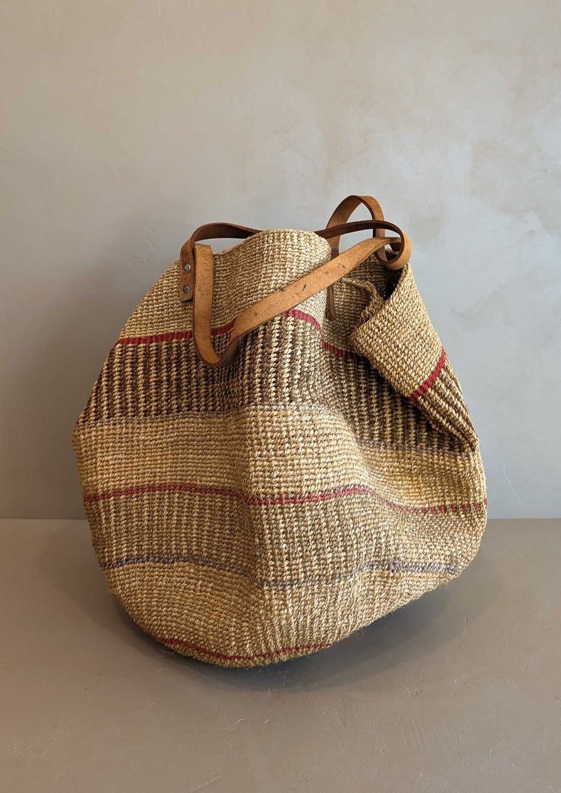 Large Vintage Woven Market Bag with Leather Straps