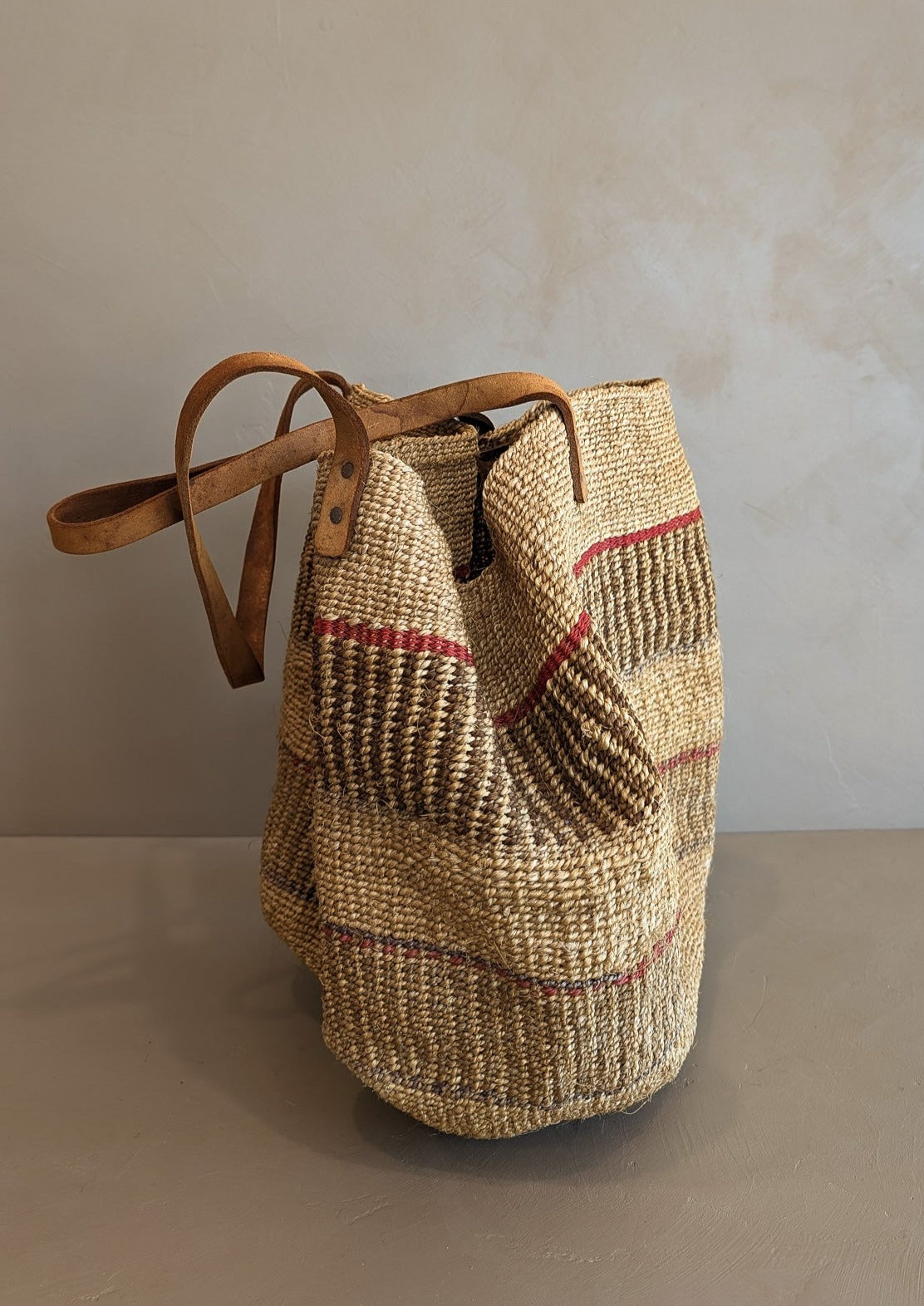 Large Vintage Woven Market Bag with Leather Straps