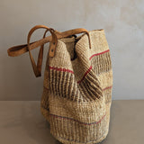 Large Vintage Woven Market Bag with Leather Straps