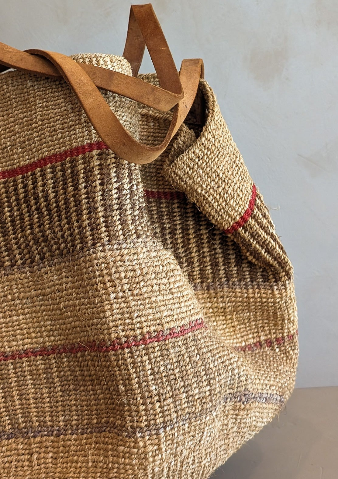 Large Vintage Woven Market Bag with Leather Straps