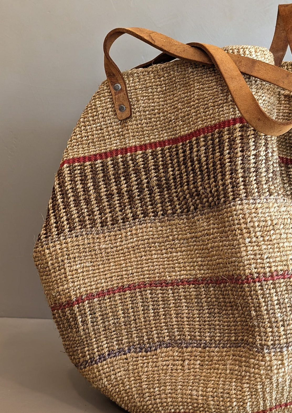 Large Vintage Woven Market Bag with Leather Straps