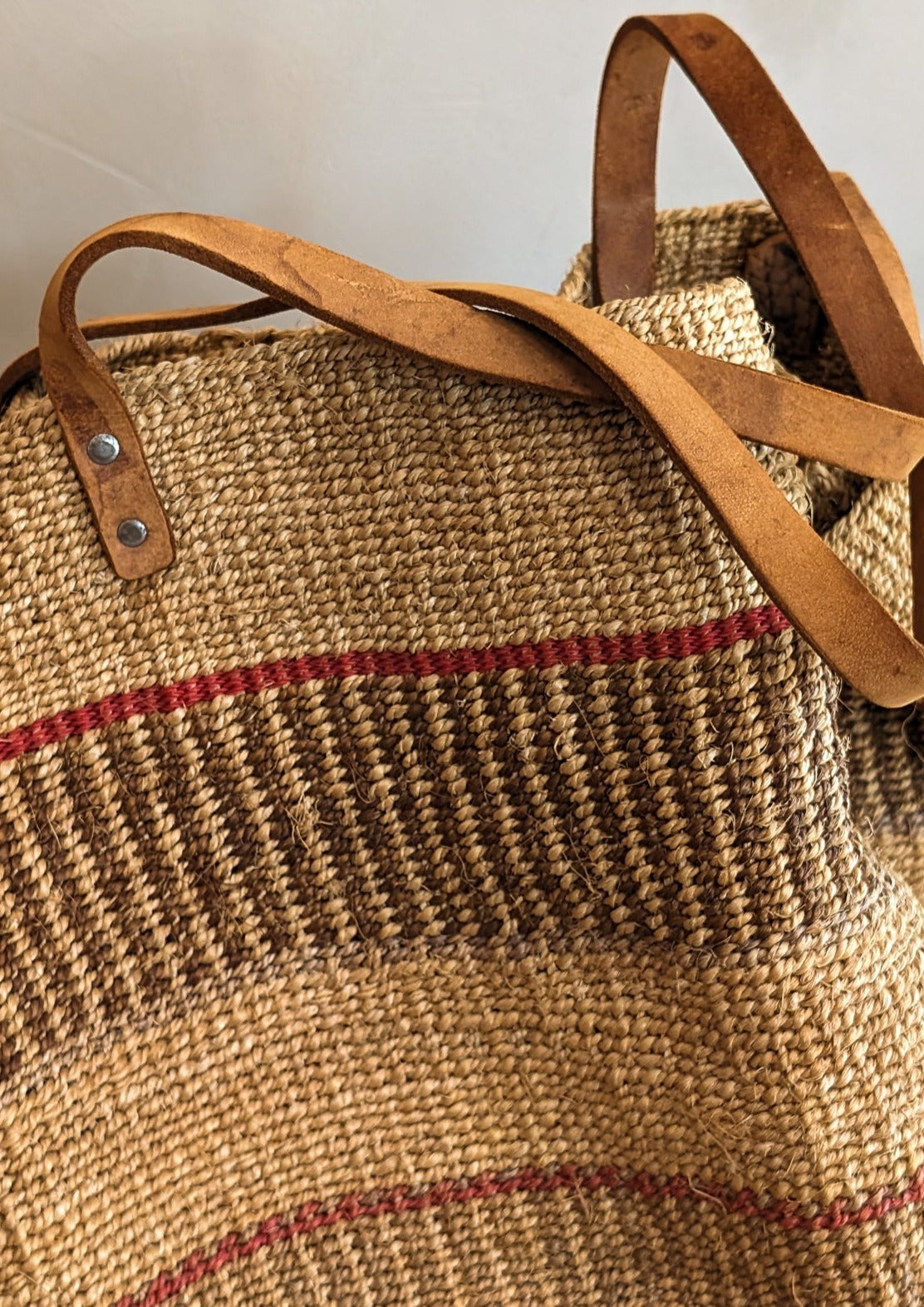 Large Vintage Woven Market Bag with Leather Straps