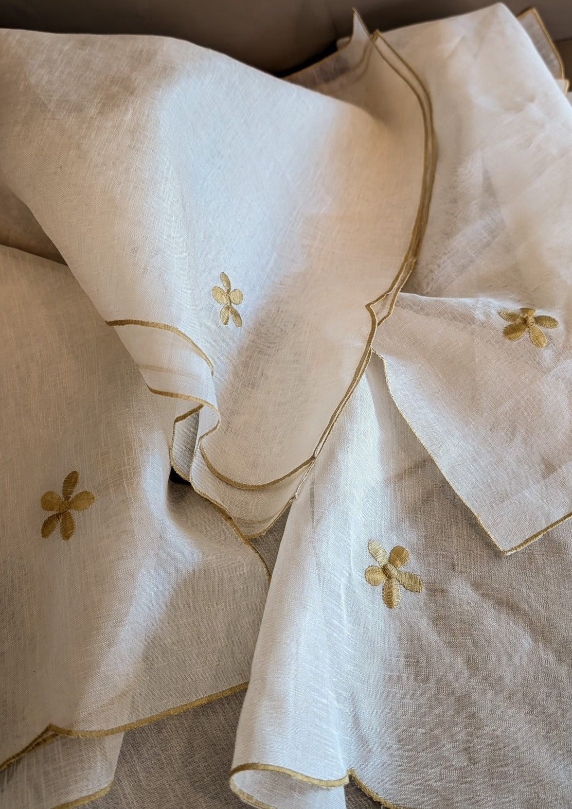 Pair of Vintage Embroidered Floral Napkins with Scallop Edge Detail