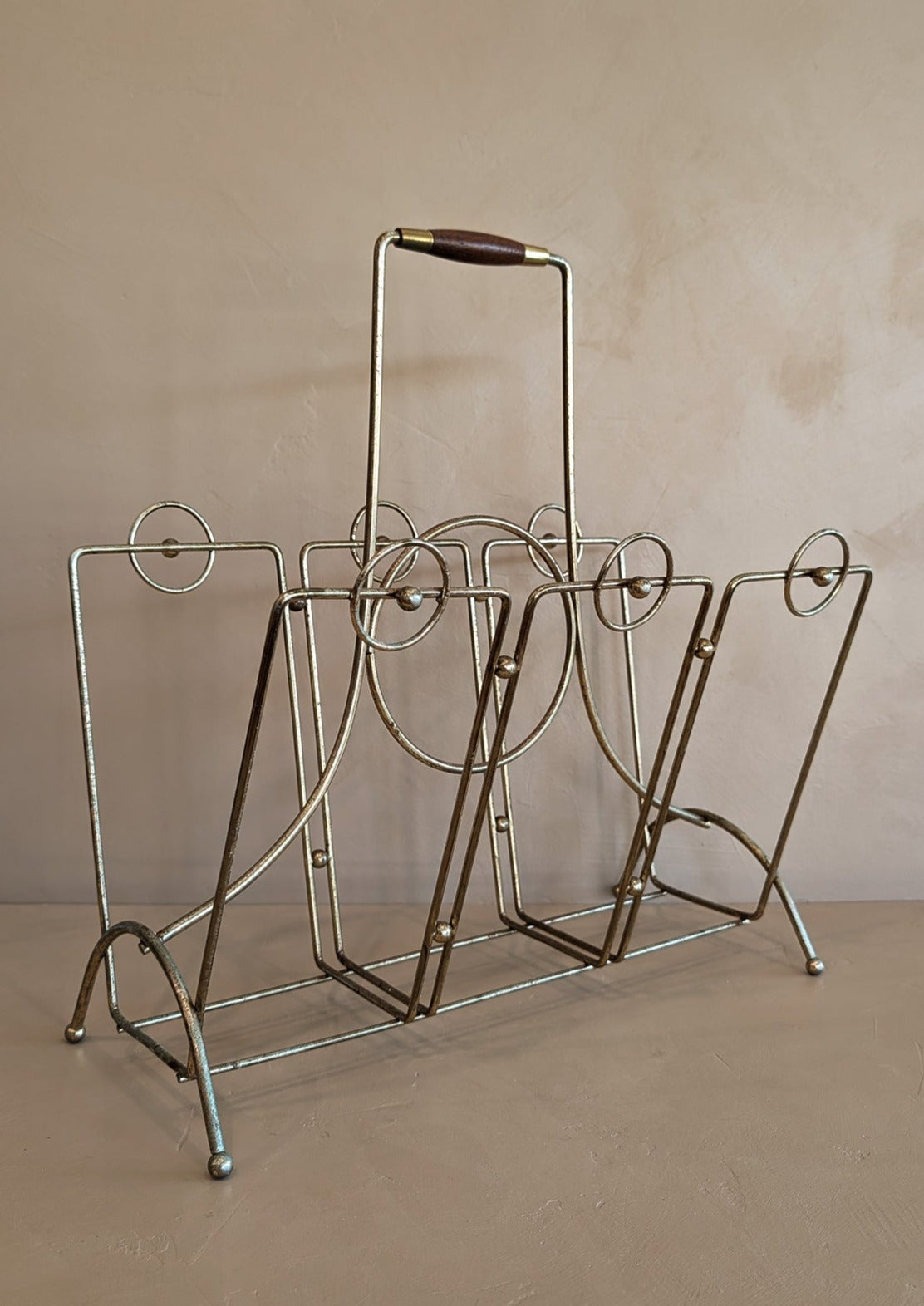 Midcentury Brass and Wood Magazine Rack